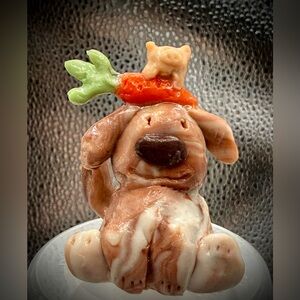 Adorable handmade Brown and White Dog Figurine with Carrot & pig!